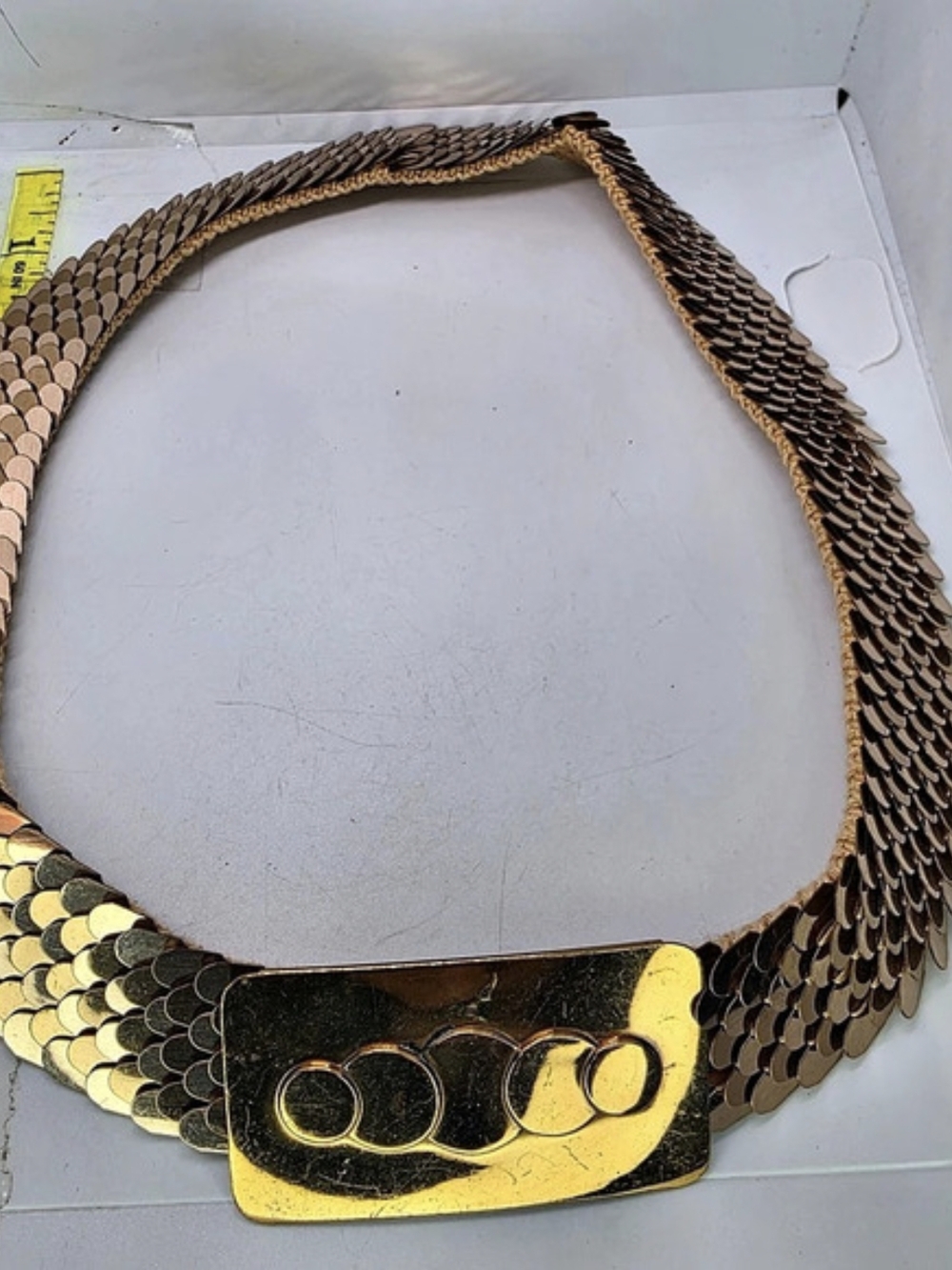 Vintage Gold Tone Metal Fish Scale Elastic Waist Belt Disco Retro Buckle 23"-34"